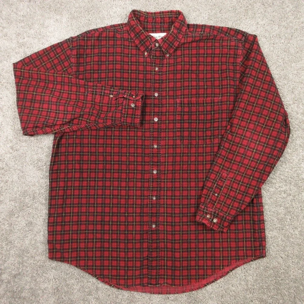 Vintage Eddie Bauer Shirt Men XL Red Plaid Corduroy Outdoor Lumberjack Button Up